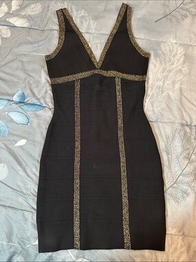 Guess Black Bandage Bodycon Mini Dress with Gold Trim Sz S